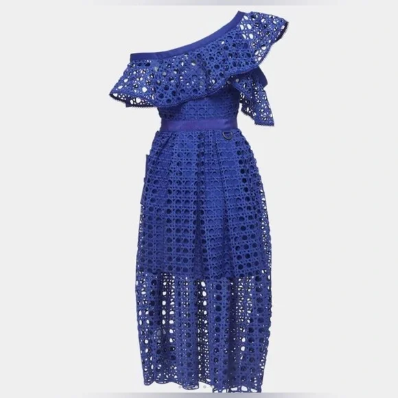 NWT LUXE Self Portrait Replica Navy One Shoulder Guipure Lace Midi Dress sz 8 - Picture 2 of 14
